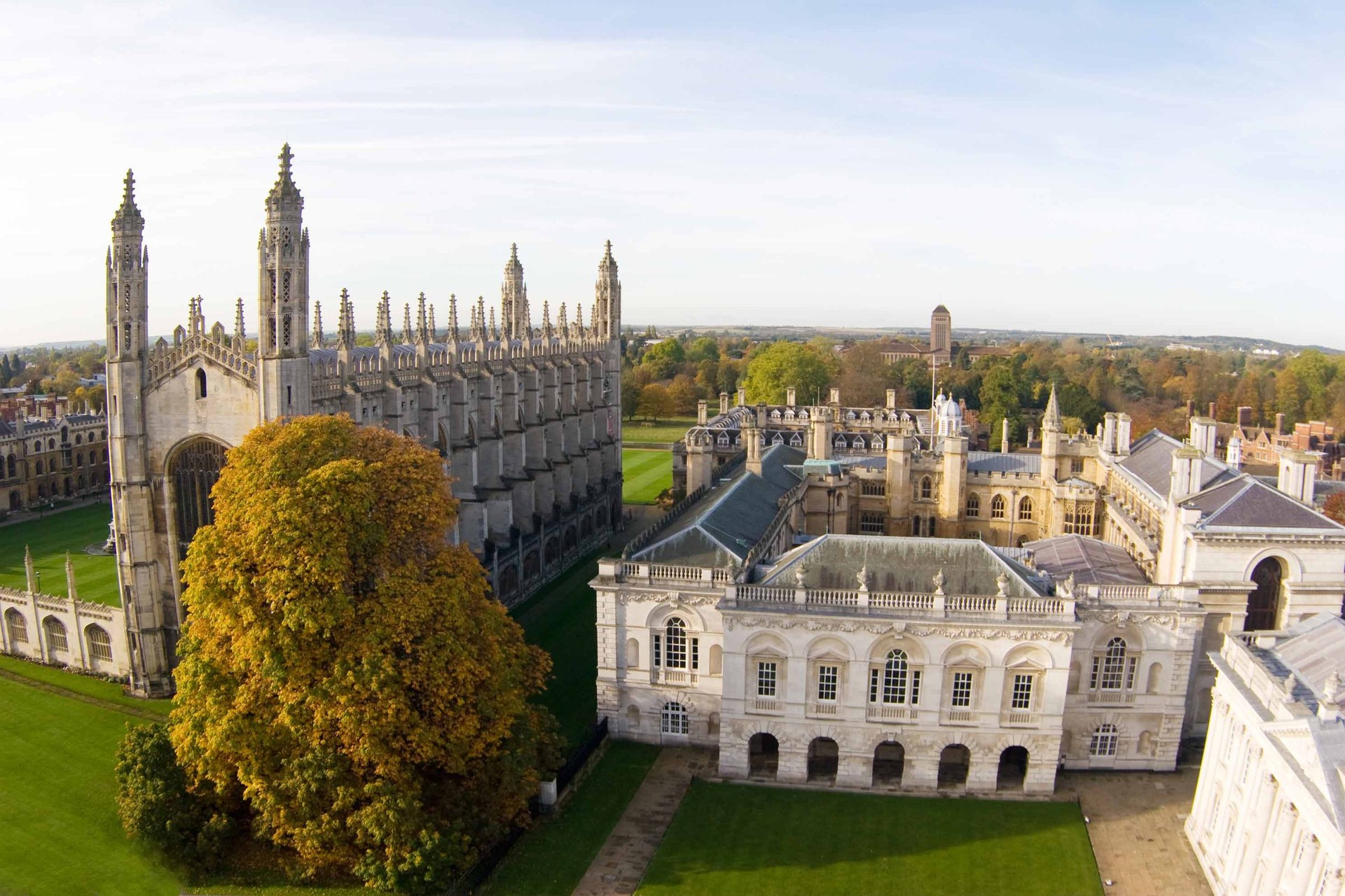 An aerial view of Gibbs Building and King's College Chapel at Cambridge University