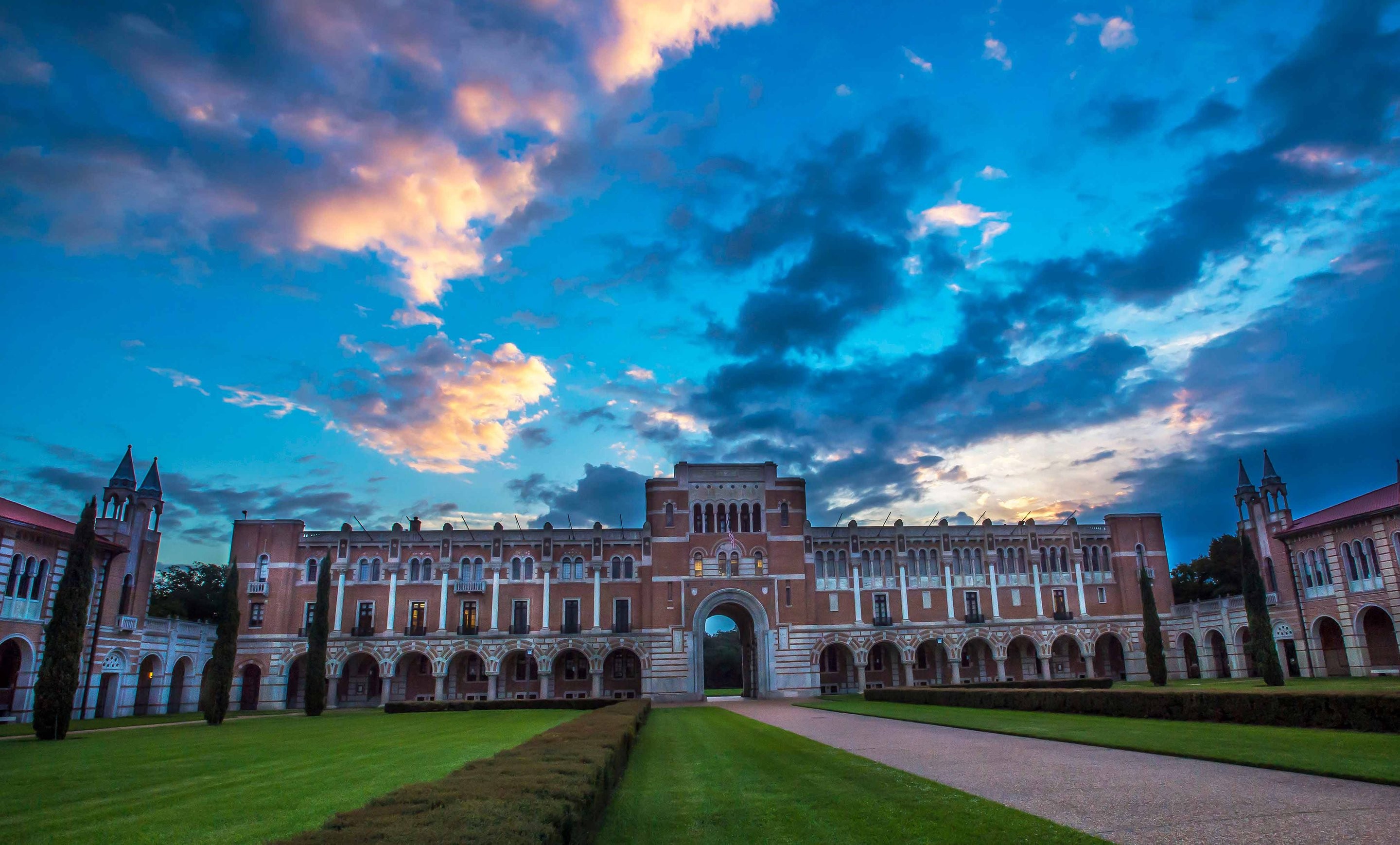 Front entrance of Lovett Hall on Rice University campus at sunrise